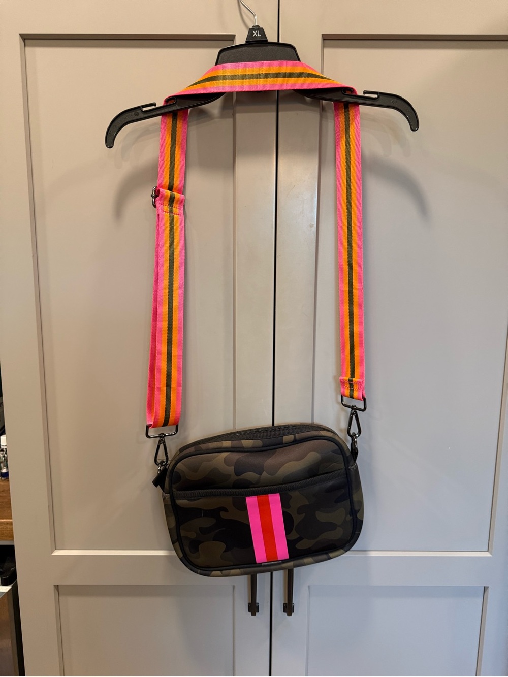 HAUTE SHORE Camouflage Crossbody with Neon Pink & Orange Striped Strap